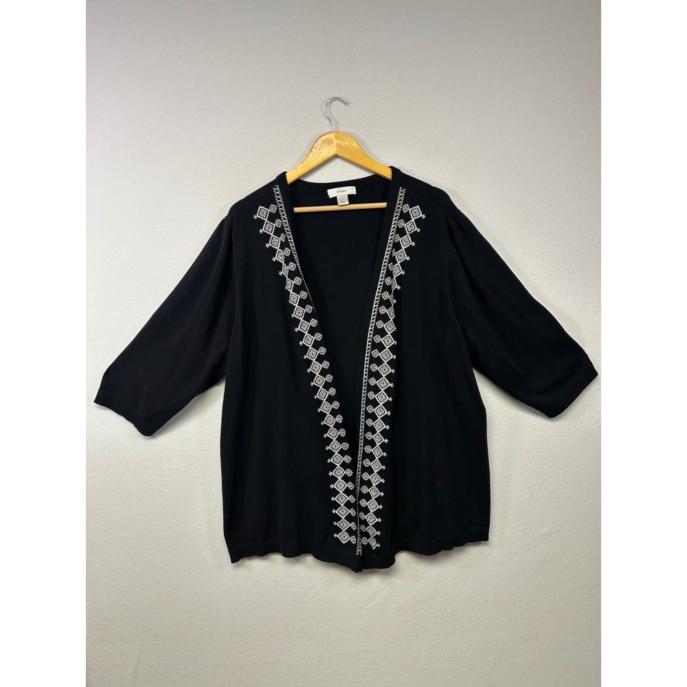 Boho Minimalist CJ Banks Womens 2X Black Embroidered Open Front 3/4 Slv Cardigan